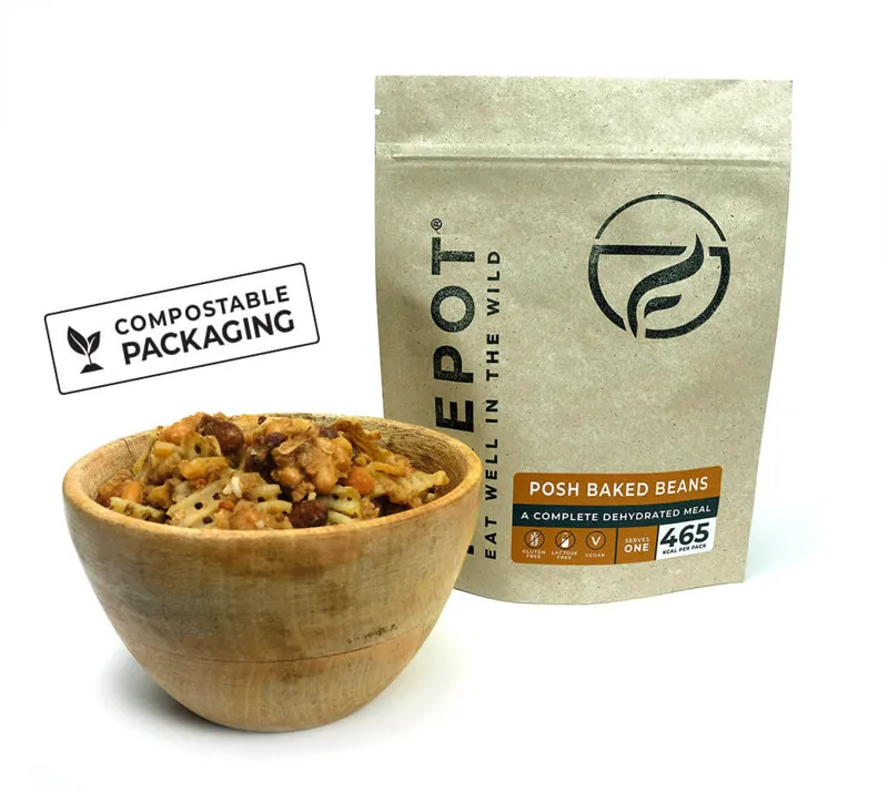Firepot Foods Posh Baked Beans Dehydrated Meal LF Vegan GF Compostable Packaging