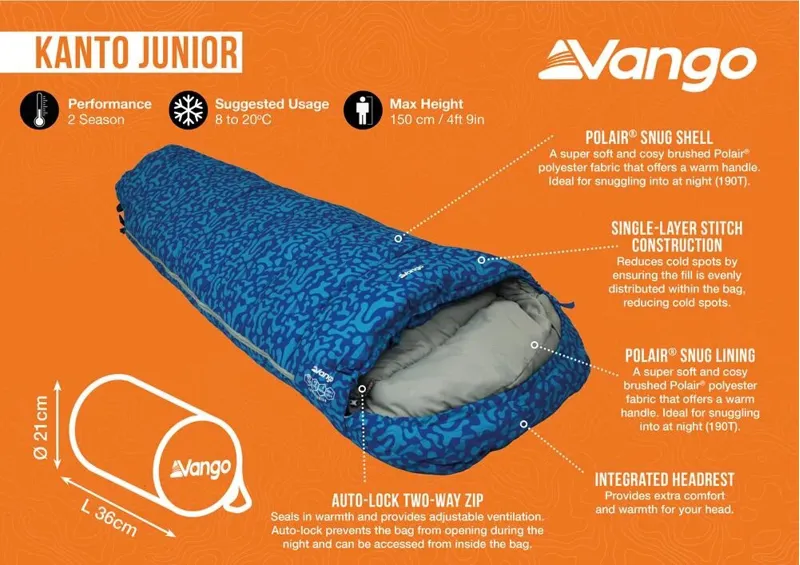 Vango Kanto Junior Sleeping Bag - Atlantic Blue - Suggested 8C - 1.1kg-1