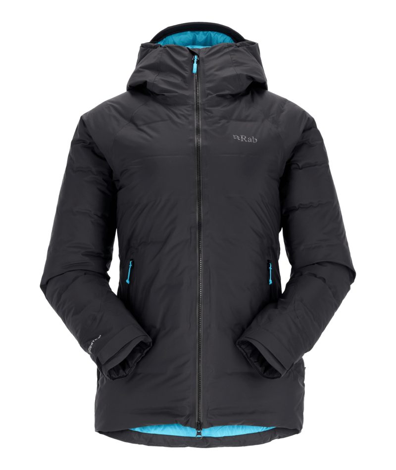 Rab Valiance Waterproof Women's Down Insulated Jacket in Black/Aquamarine