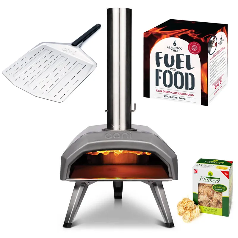 Ooni Karu Pizza Oven Starter Bundle - Oven Perforated Peel Wood and Flamers