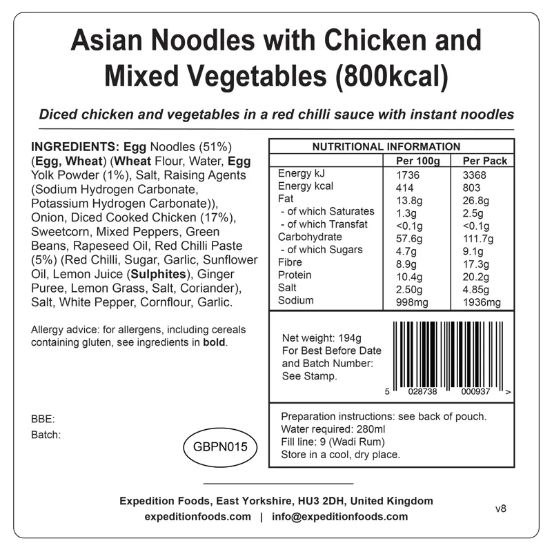 Expedition foods Freeze Dried Asian Noodles and Chicken and mixed veg 800kcal DF-3