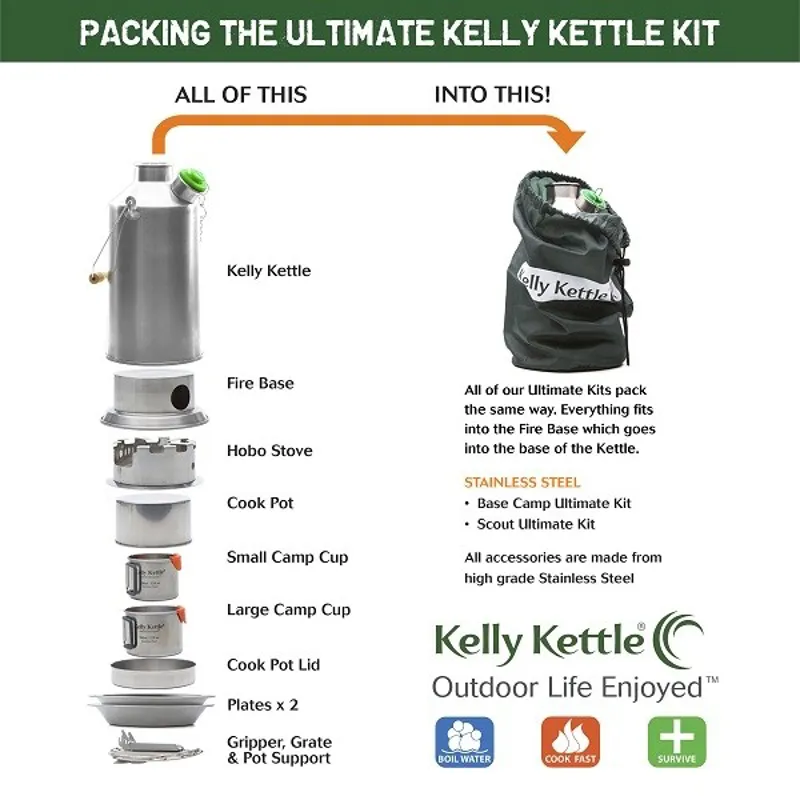 Kelly Kettle Ultimate Base Camp 1.6L Stainless Steel Kettle Kit with Whistle-2