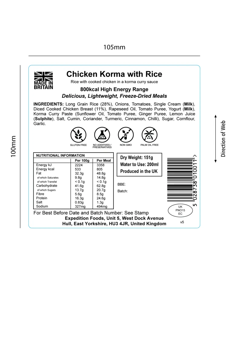 Expedition Foods Freeze Dried Chicken Korma with Rice High Energy Meal GF-1