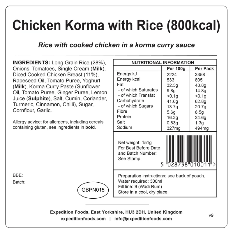 Expedition Foods Freeze Dried Chicken Korma with Rice High Energy Meal GF 807 kCal-3