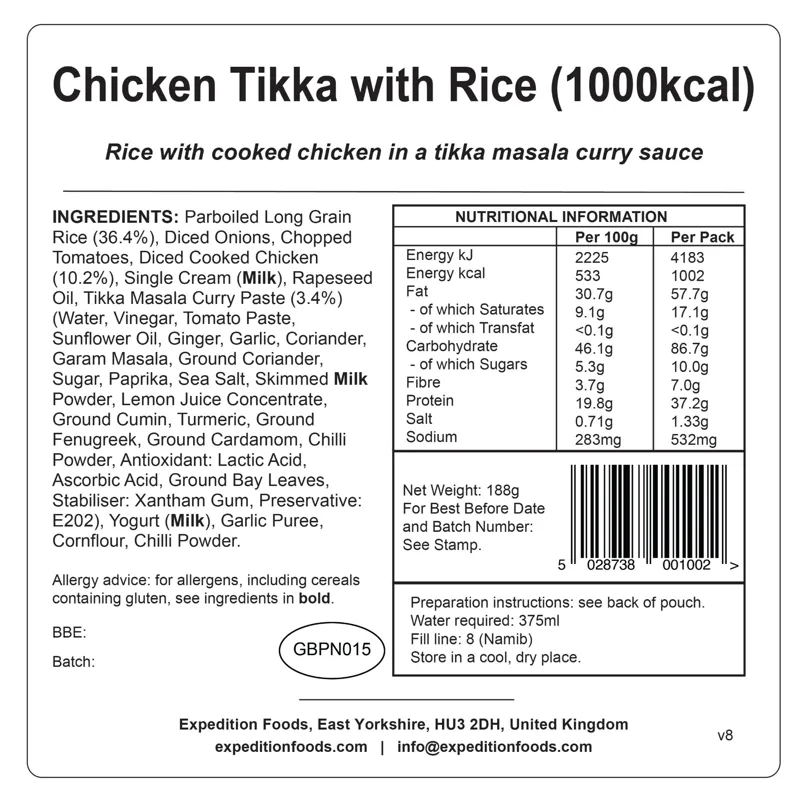 Expedition Foods Freeze Dried Chicken Tikka with Rice Meal for Two - GF-4