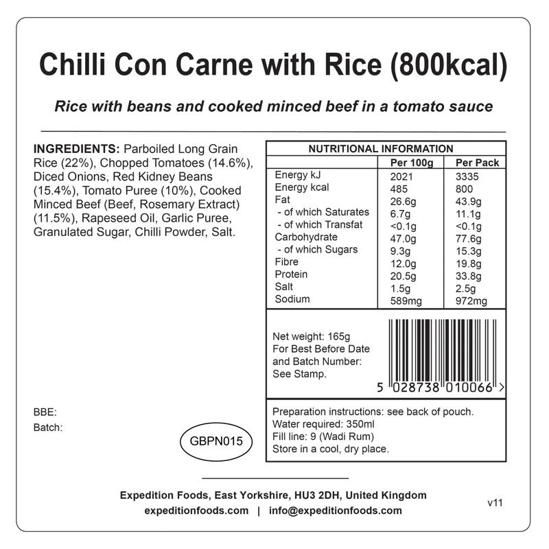 Expedition Foods Freeze Dried Chilli con Carne with Rice High Energy Meal 809 kCal - GF LF-3