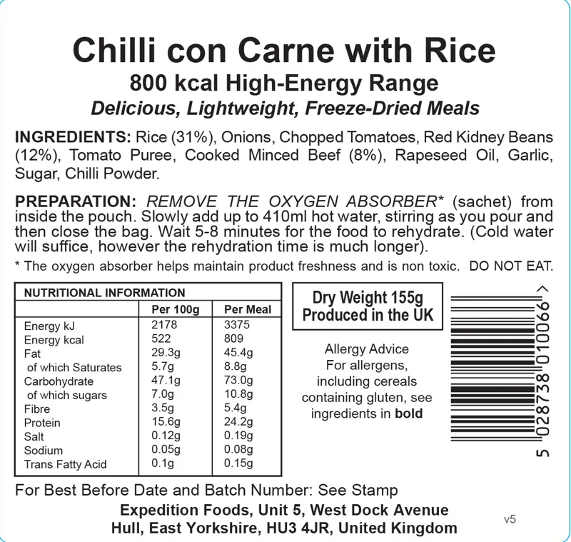 Expedition Foods Freeze Dried Chilli con Carne with Rice High Energy Meal - GF LF-1