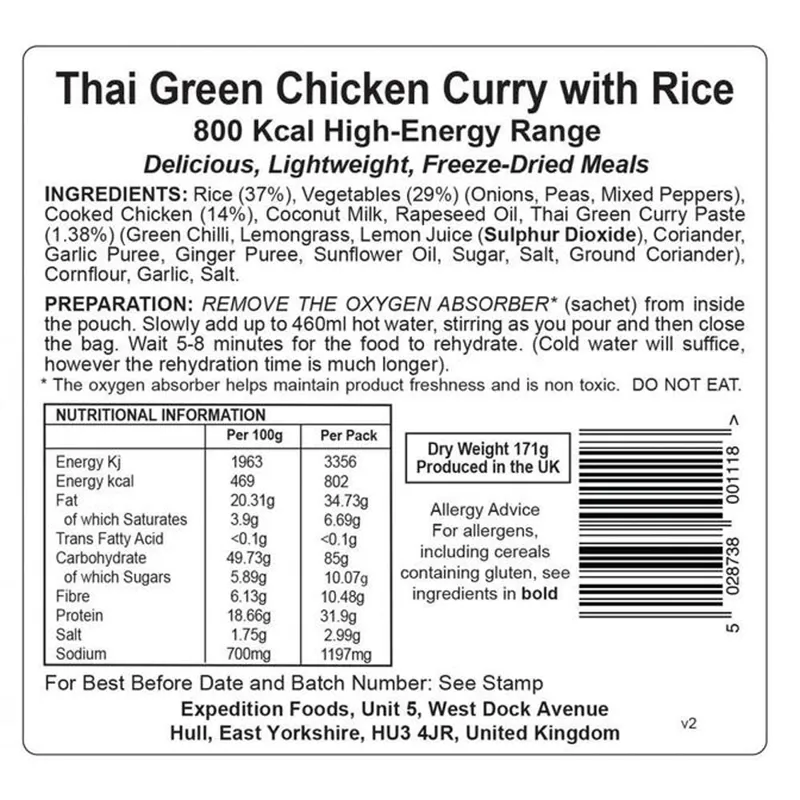 Expedition Foods Freeze Dried Thai Green Chicken Curry with Rice 800kcal GF LF-1
