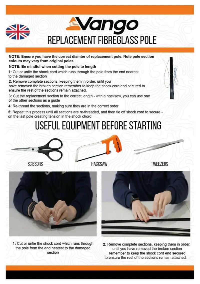 Vango Fibreglass Tent Pole Set 12.7mm x 65cm x 5-1