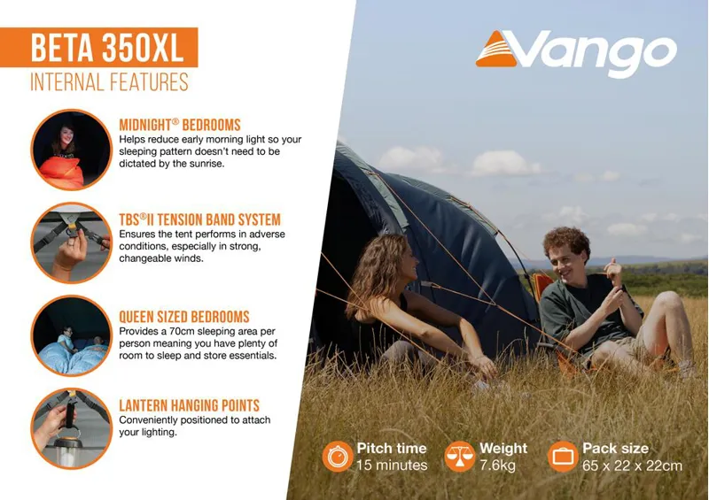 Vango Beta 350XL 3-Person Tent 76kg 430x225x145cm Tunnel Tent for Camping Hiking Outdoor Adventures Deep Blue 4000 HH Waterproof-8