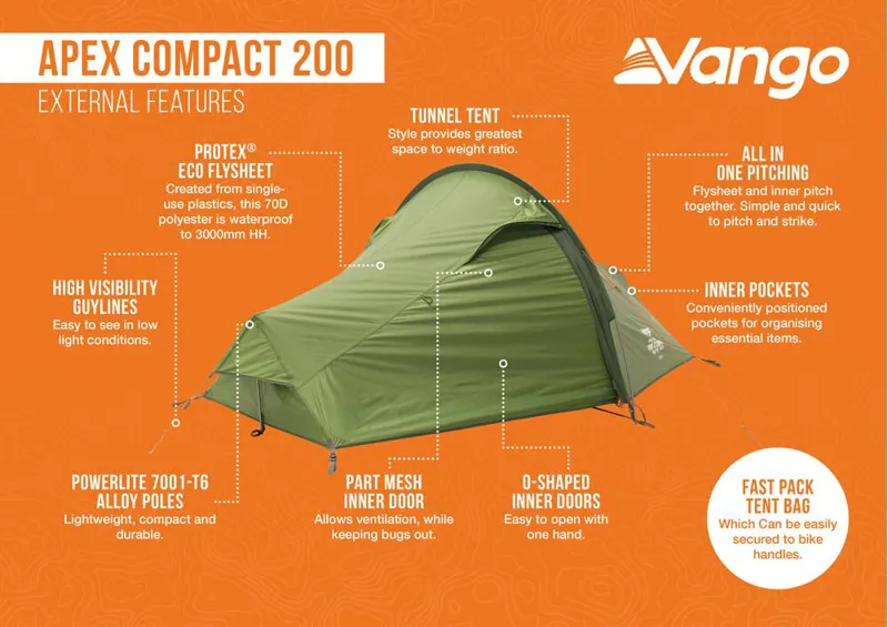 Vango Apex Compact 2 Person Backpacking Tent - 200 1.99kg - Forest Green-6