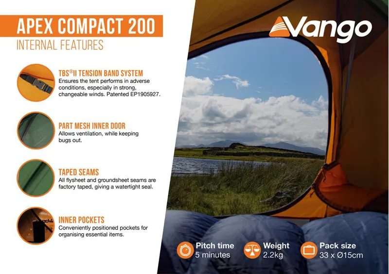 Vango Apex Compact 2 Person Backpacking Tent - 200 1.99kg - Forest Green-7