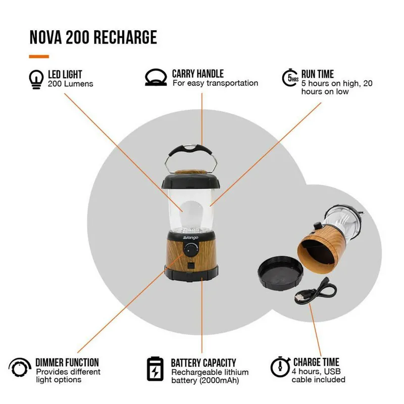 Vango Nova 200 Recharge Camping Lantern - Wood-4