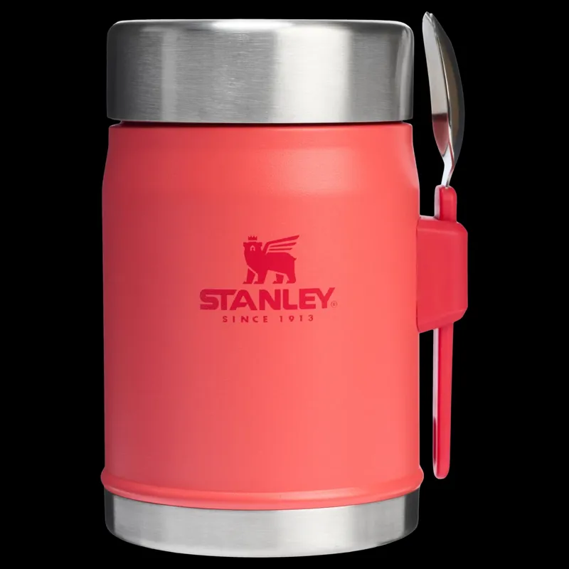 Stanley Legendary Vacuum Insulated Food Jar 0.4L with Spork - Hot Coral Red  7 Hrs Hot or Cold - Dishwasher Safe Camping and Travel Food Container - 135mm