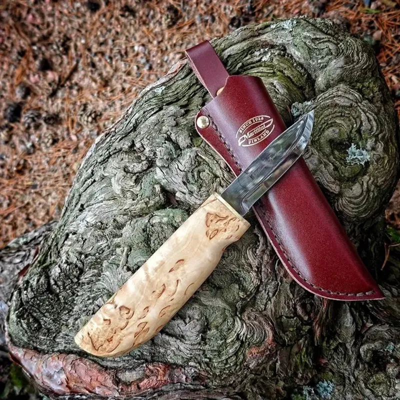 Marttiini Kateva Handy Knife - 7.5cm Stainless Steel Blade - Curly Birch Handle - Leather Sheath-1