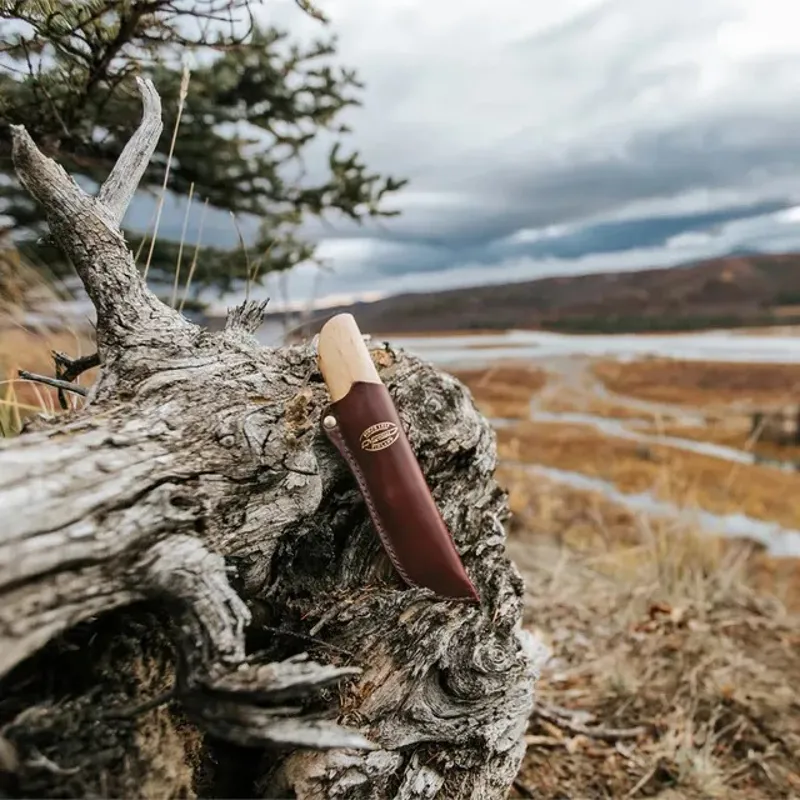 Marttiini Kateva Handy Knife - 7.5cm Stainless Steel Blade - Curly Birch Handle - Leather Sheath-2