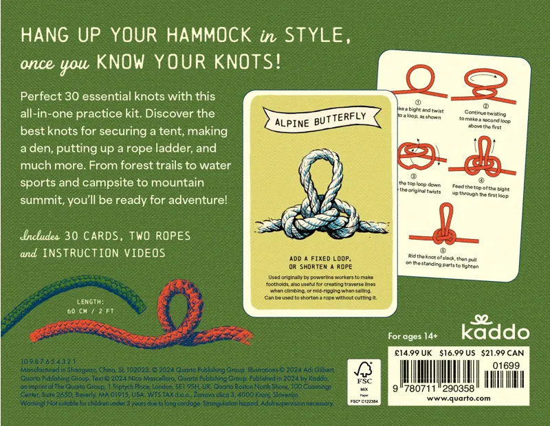 Know Your Knots : Learn the best knots for outdoor adventures - 30 cards and 2 ropes-2