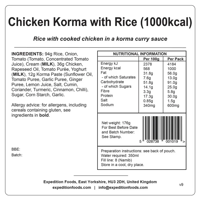 Expedition Foods Freeze Dried Chicken Korma with Rice 1000 kcal GF-3