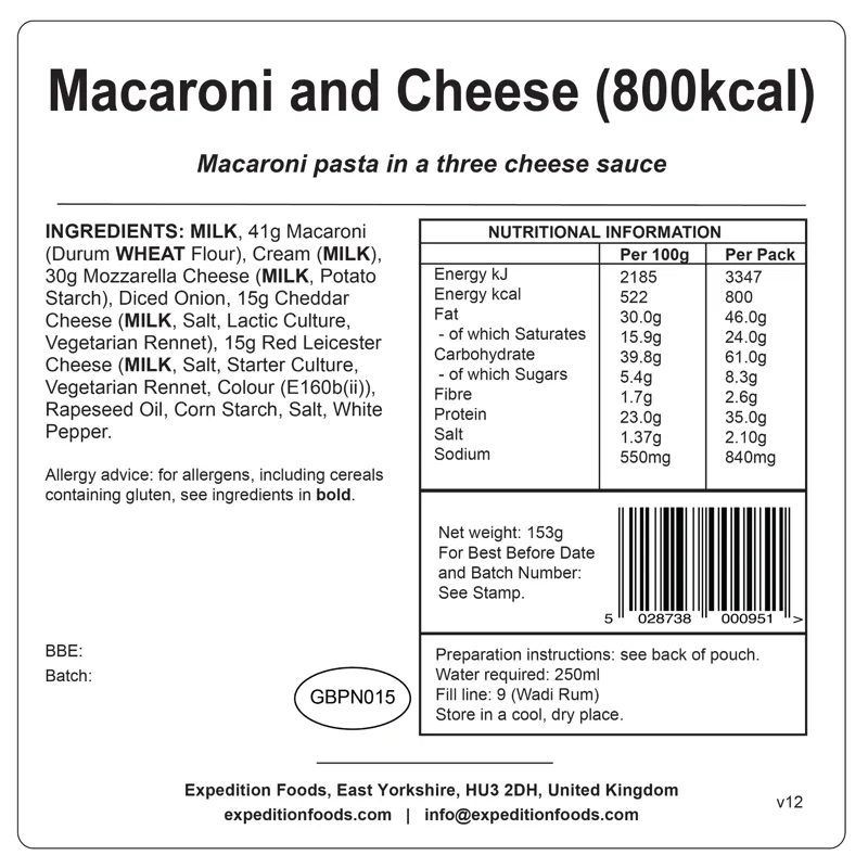 Expedition Foods Freeze Dried Macaroni and Cheese High Energy Meal 800kCal-3