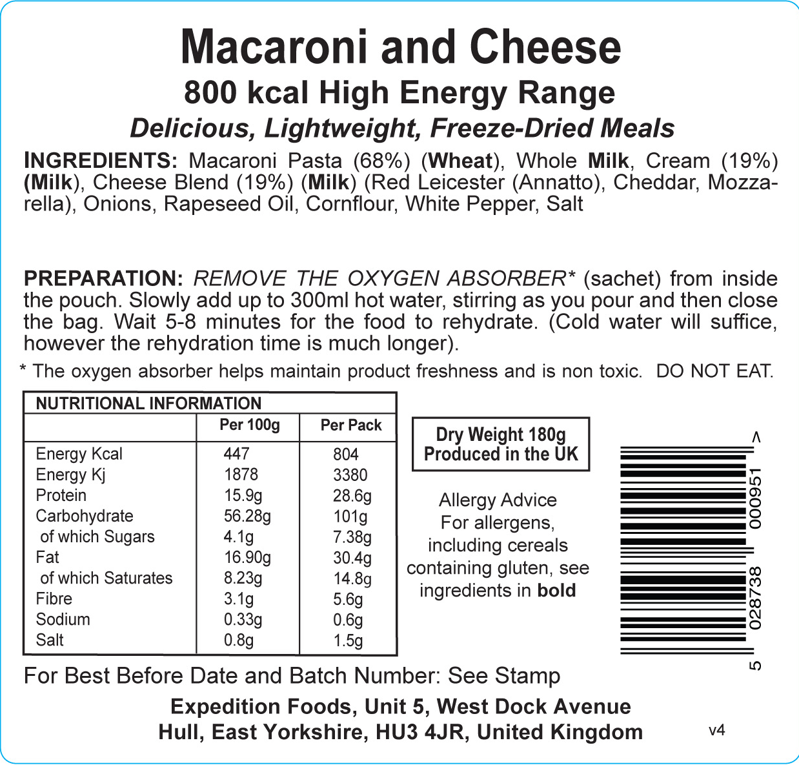 Expedition Foods Freeze Dried Macaroni and Cheese High Energy Meal 800kCal-1