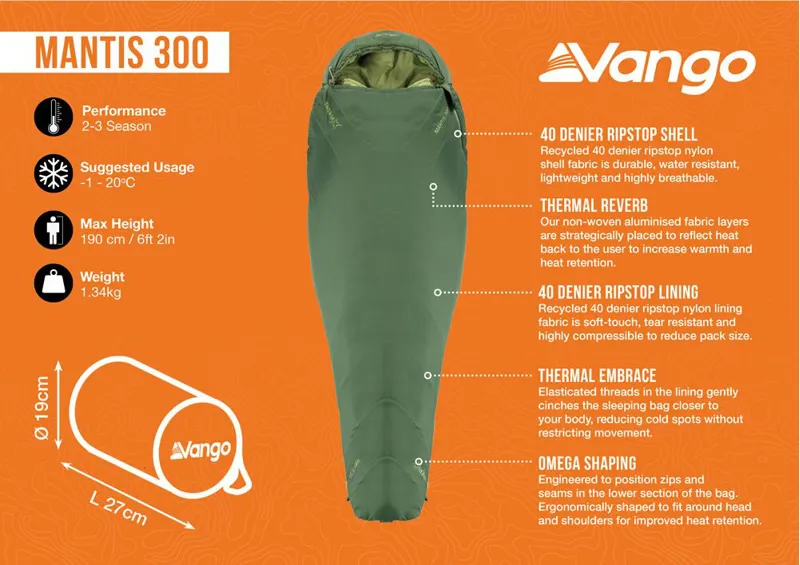 Vango Mantis 300 Sleeping Bag -1C 1.34kg - Pine Green-1