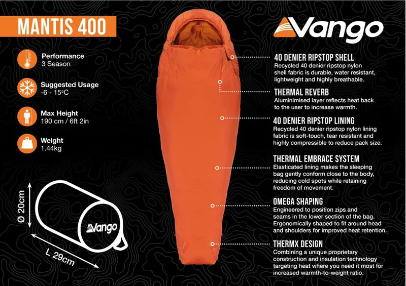 Vango Mantis 400 Sleeping Bag - Limit -6C 1.44kg - Harissa-1