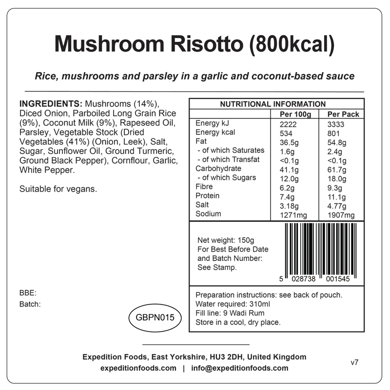 Expedition Foods Freeze Dried Vegan Mushroom Risotto GF 800Kcal-3