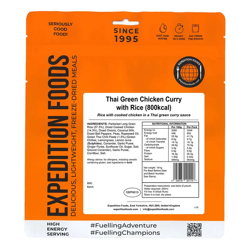 Expedition Foods Freeze Dried Thai Green Chicken Curry with Rice 800kcal GF LF-1