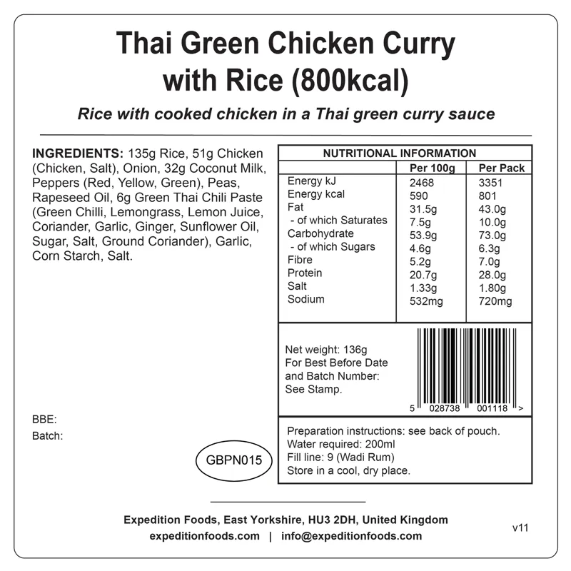 Expedition Foods Freeze Dried Thai Green Chicken Curry with Rice 800kcal GF LF-3