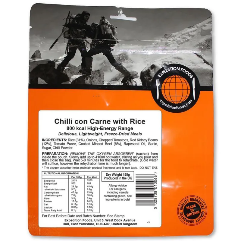 Expedition Foods Freeze Dried Chilli con Carne with Rice High Energy Meal - GF LF